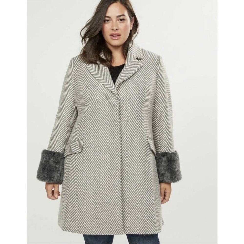 Lane Bryant NEW Herringbone Coat With Faux Fur Cuffs Size 18/20 - Picture 2 of 4